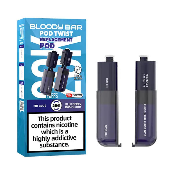 Pack of Bloody Bar Pod Twist 20K Prefilled Replacement Pods in Mr Blue and Blueberry Raspberrry flavors, offering a candy vape with smooth nicotine delivery; easy-to-use pods designed for rich flavor, consistent vapor, and hassle-free vaping.