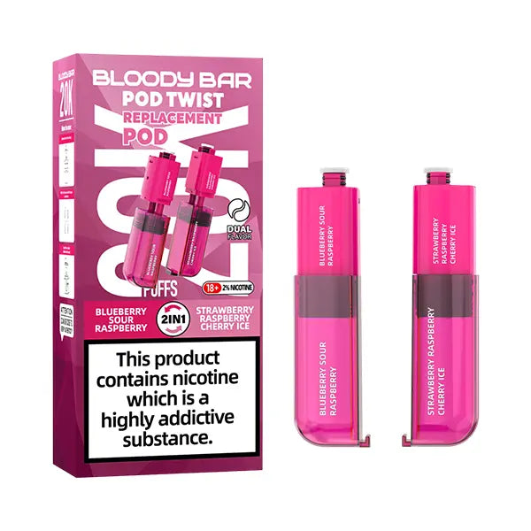 Pack of Bloody Bar Pod Twist 20K Prefilled Replacement Pods in Blueberry Sour Raspberry  and Strawberry Raspberry Cherry Ice flavors, offering a candy vape with smooth nicotine delivery; easy-to-use pods designed for rich flavor, consistent vapor, and hassle-free vaping.