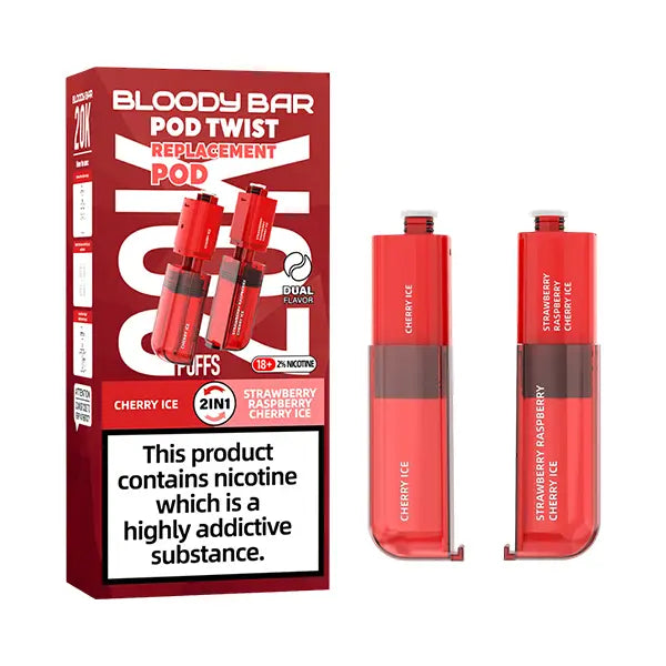 Pack of Bloody Bar Pod Twist 20K Prefilled Replacement Pods in Cherry Ice and Strawberry Raspberry Cherry Ice flavors, offering a candy vape with smooth nicotine delivery; easy-to-use pods designed for rich flavor, consistent vapor, and hassle-free vaping.