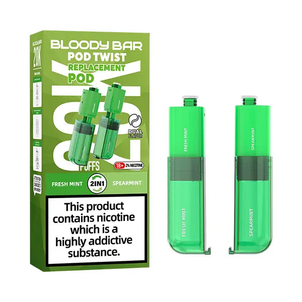 Pack of Bloody Bar Pod Twist 20K Prefilled Replacement Pods in Fresh Mint and Spearmint flavors, offering a candy vape with smooth nicotine delivery; easy-to-use pods designed for rich flavor, consistent vapor, and hassle-free vaping.