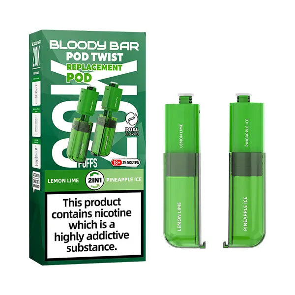 Pack of Bloody Bar Pod Twist 20K Prefilled Replacement Pods in Lemon Lime and Pineapple Ice flavors, offering a candy vape with smooth nicotine delivery; easy-to-use pods designed for rich flavor, consistent vapor, and hassle-free vaping.