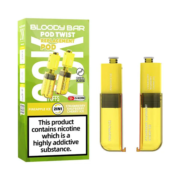Pack of Bloody Bar Pod Twist 20K Prefilled Replacement Pods in Pineapple Ice and Strawberry Raspberry Cherry Ice flavors, offering a candy vape with smooth nicotine delivery; easy-to-use pods designed for rich flavor, consistent vapor, and hassle-free vaping.