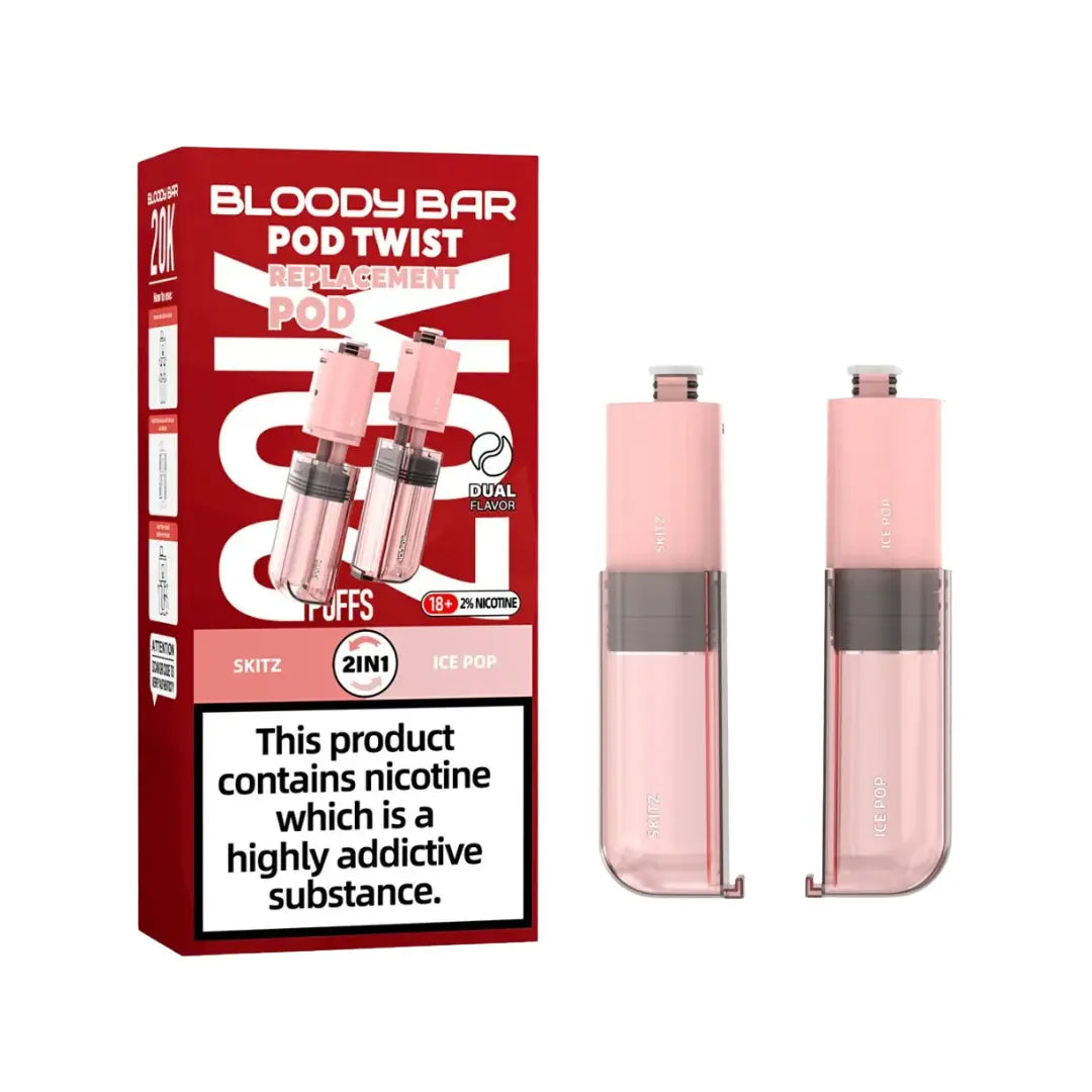 Pack of Bloody Bar Pod Twist 20K Prefilled Replacement Pods in Skitz and Ice Pop flavors, offering a candy vape with smooth nicotine delivery; easy-to-use pods designed for rich flavor, consistent vapor, and hassle-free vaping.