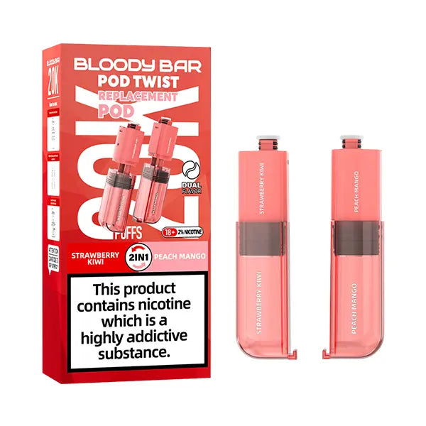 Pack of Bloody Bar Pod Twist 20K Prefilled Replacement Pods in Strawberry Kiwi and Peach Mango flavors, offering a candy vape with smooth nicotine delivery; easy-to-use pods designed for rich flavor, consistent vapor, and hassle-free vaping.