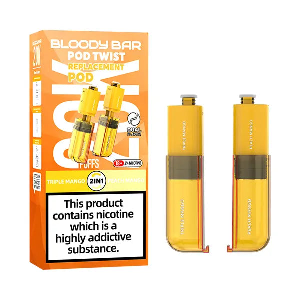 Pack of Bloody Bar Pod Twist 20K Prefilled Replacement Pods in Triple Mango and Peach Mango flavors, offering a candy vape with smooth nicotine delivery; easy-to-use pods designed for rich flavor, consistent vapor, and hassle-free vaping.