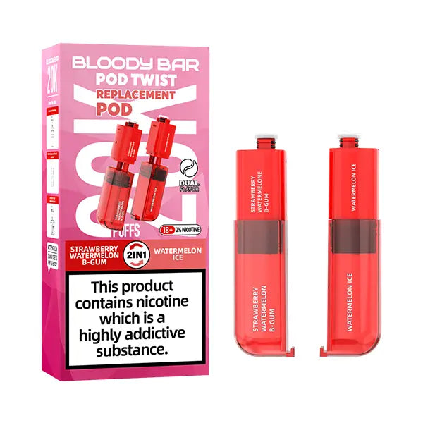 Pack of Bloody Bar Pod Twist 20K Prefilled Replacement Pods in Strawberry Watermelon B-Gum and Watermelon Ice flavors, offering a candy vape with smooth nicotine delivery; easy-to-use pods designed for rich flavor, consistent vapor, and hassle-free vaping.