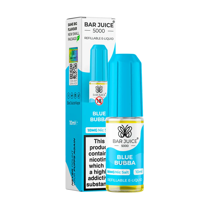 A product image featuring a box and a bottle of Bar Juice 5000 e-liquid, with the specific flavor 'Blue Bubba' highlighted on the bottle. The box displays nicotine strength and flavor information.