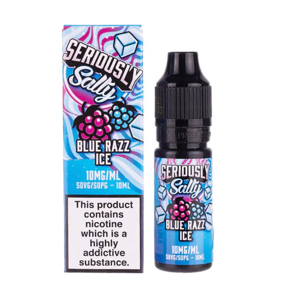 A 10ml bottle of Seriously Salty Blue Razz Ice Nic Salt E-Liquid with a childproof cap, next to its colorful packaging box which contains the product.
