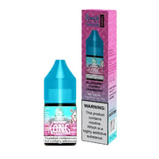 A 10ml bottle of Blue Cherry Cranberry R&M Nic Salt E Liquid next to its packaging, which contains warning labels and branding.