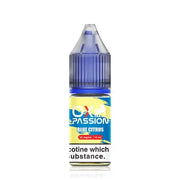 A 10ml bottle of OXVA Ox Passion Blue Citrus e-liquid with a blue and yellow label, highlighting the nicotine strength of 10mg/20mg and the flavor of blue citrus.
