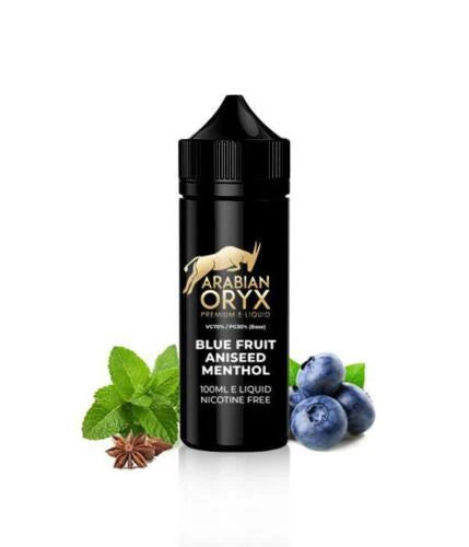 A 100ml bottle of ARABIAN ORYX E Liquid with a blue fruit aniseed menthol flavor, presented alongside blueberries and mint leaves, emphasizing the product's freshness and flavor profile.