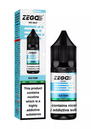 A product image showing a Zego Nic Salt e-liquid bottle and its packaging. The packaging is predominantly blue and black with text and graphics describing the product as Blue Fusion, 10ml, and containing nicotine.