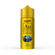 A bottle of Kingston AU Gold E-Liquids with a label showing the brand name, the type of liquid, and images of blueberries. The bottle has a yellow cap and a blue fusion flavor description.