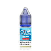 A 10ml bottle of OXVA Ox Passion Blue Mist e-liquid with a nicotine strength of 10mg/20mg. The bottle is primarily blue and has a label with the brand name and flavor description.