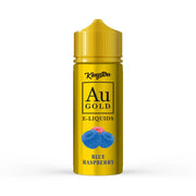 A bottle of Kingston AU Gold e-liquid with a yellow cap and blue raspberry flavor, labeled prominently with the brand and flavor name.