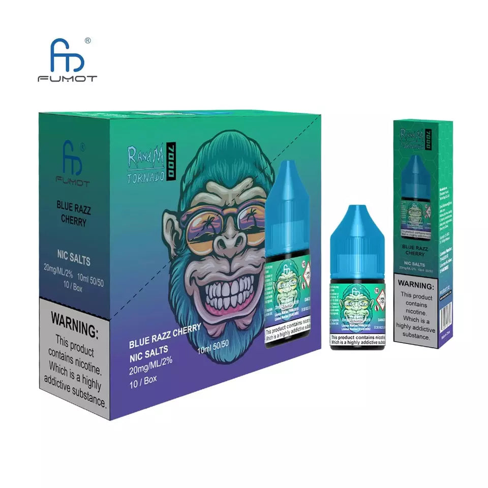 A product image showing a 10ml bottle of Blue Razz Cherry flavored e-liquid with a nicotine salt formulation, alongside its packaging that features a cartoon monkey and cherry blossoms.