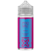 A bottle of Pod Salt Nexus Blue Razz Cherry Blast e-liquid with a label featuring pink and blue design elements.