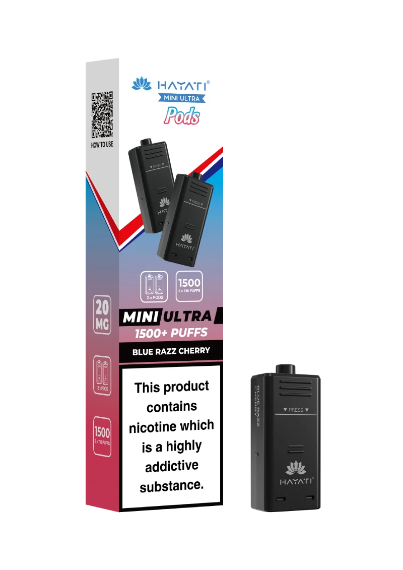 Hayati Mini Ultra 1500 Blue Razz Cherry prefilled pods compatible with the Mini Ultra device, available in various flavours