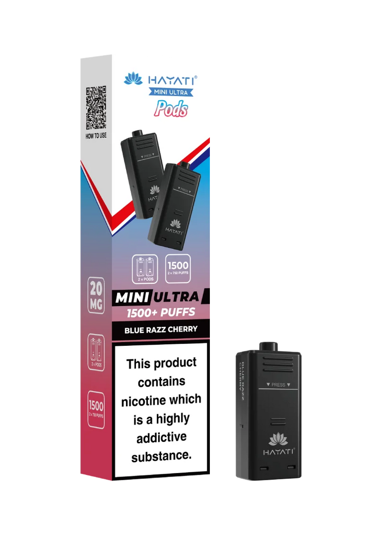 Hayati Mini Ultra 1500 Blue Razz Cherry prefilled pods compatible with the Mini Ultra device, available in various flavours