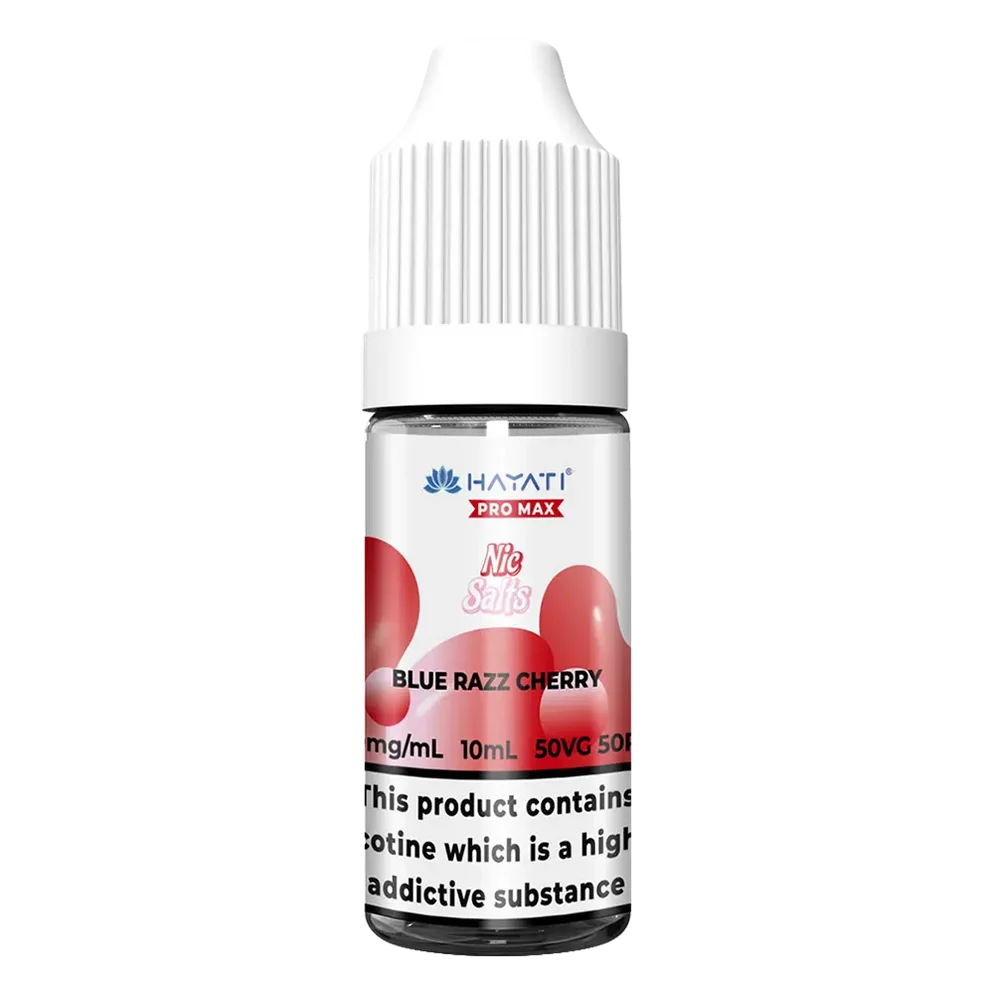 Hayati Pro Max Nic Salt Vape E-Liquid 10ml in Blue Razz Cherry Flavor, offering a smooth and satisfying vaping experience with convenient 10ml bottle packaging.