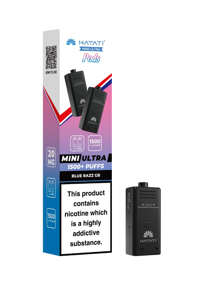Hayati Mini Ultra 1500 Blue Razz Gummy Bear  prefilled pods compatible with the Mini Ultra device, available in various flavours