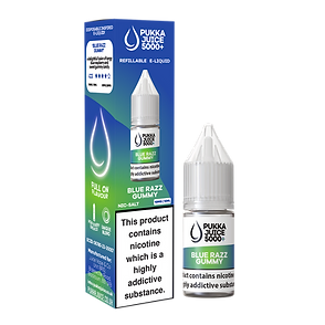 Packaging for Blue Razz Gummy Pukka Juice 5000+ Nic Salt E-Liquid featuring a bottle image and flavor name