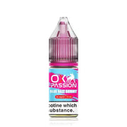 Bottle of Blue Razz Gummy OXVA Ox Passion Nic Salt featuring vibrant electric blue and candy-pink packaging with stylized gummy bear and blue raspberry illustrations, bold OXVA logo and ‘Ox Passion’ branding clearly displayed—designed for nicotine salt vape devices.