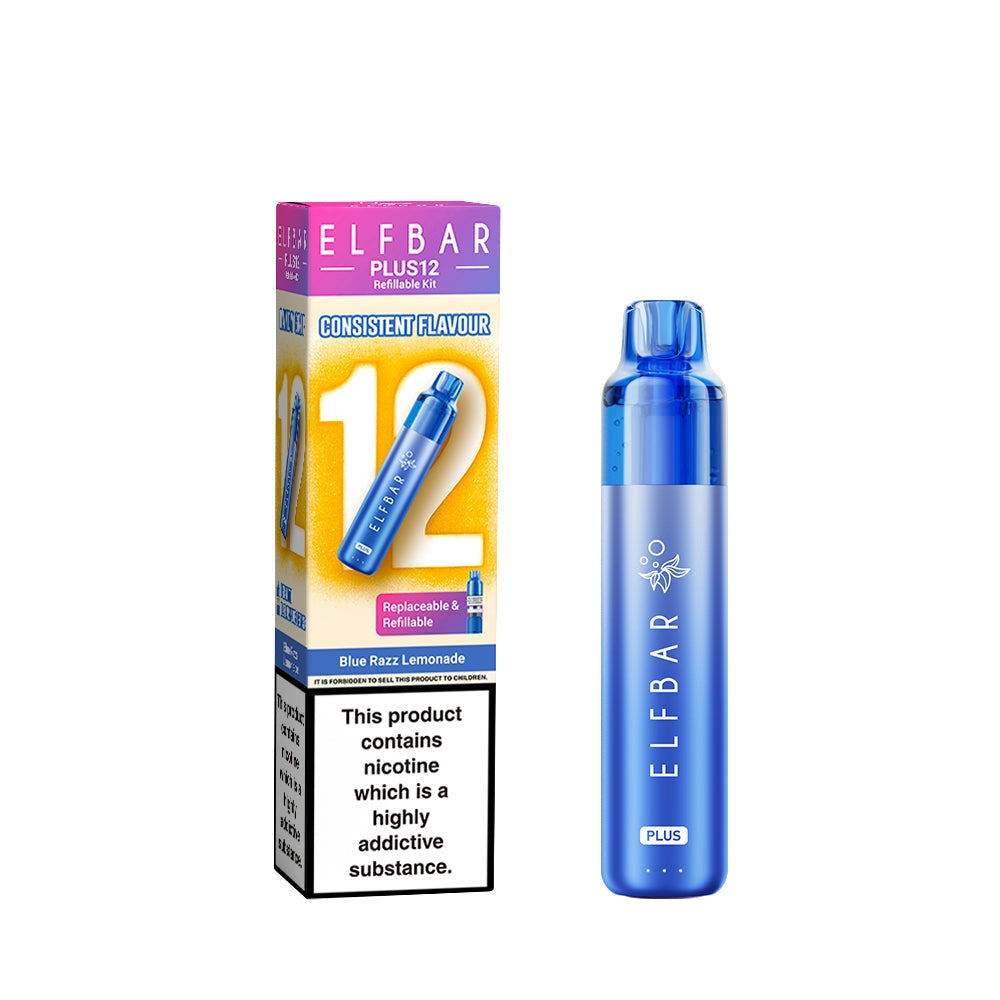 Elf Bar Plus 12 in Blue Razz Lemonade  – long-lasting rechargeable vape with up to 12,000 puffs and smooth MTL performance.