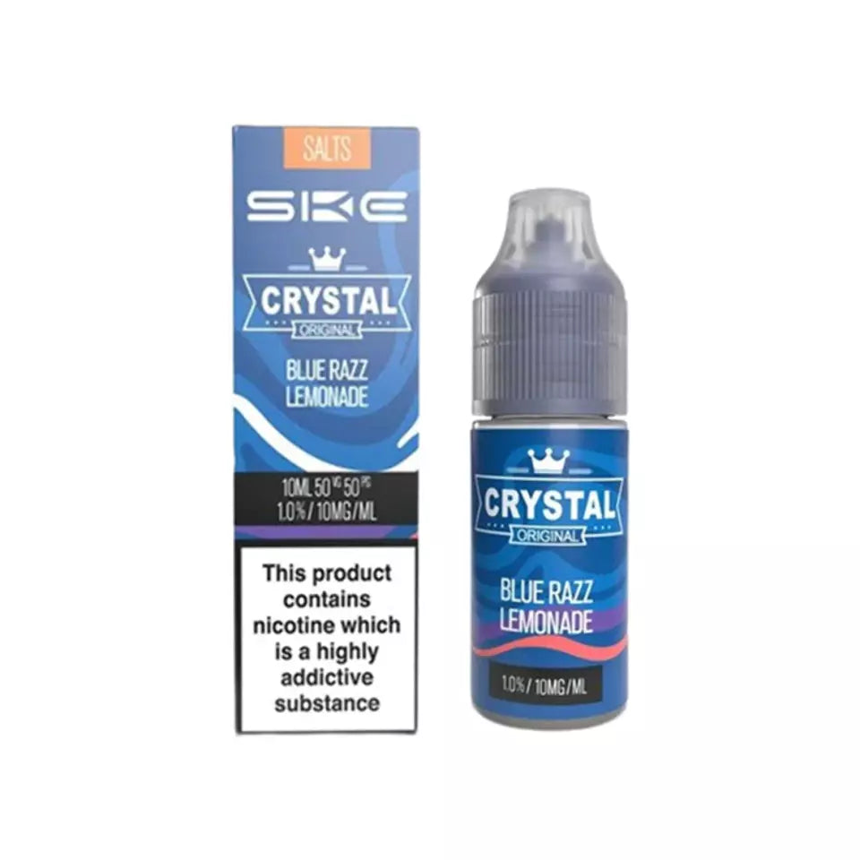 A product image showing a 10ml bottle of SKE Crystal Nic Salt E Liquid with a Blue Razz Lemonade flavor. The packaging is predominantly blue and white with text detailing the product name, nicotine strength, and flavor.