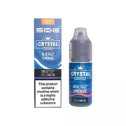 A product image showing a 10ml bottle of SKE Crystal Nic Salt E Liquid with a Blue Razz Lemonade flavor. The packaging is predominantly blue and white with text detailing the product name, nicotine strength, and flavor.
