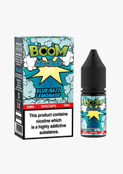 A 10ml bottle of Boom Nic Salt E Liquid with a blue and black label, featuring flavors such as Blue Razz Lemonade and other citrus and fruity options. The packaging has graphic elements and text describing the product.