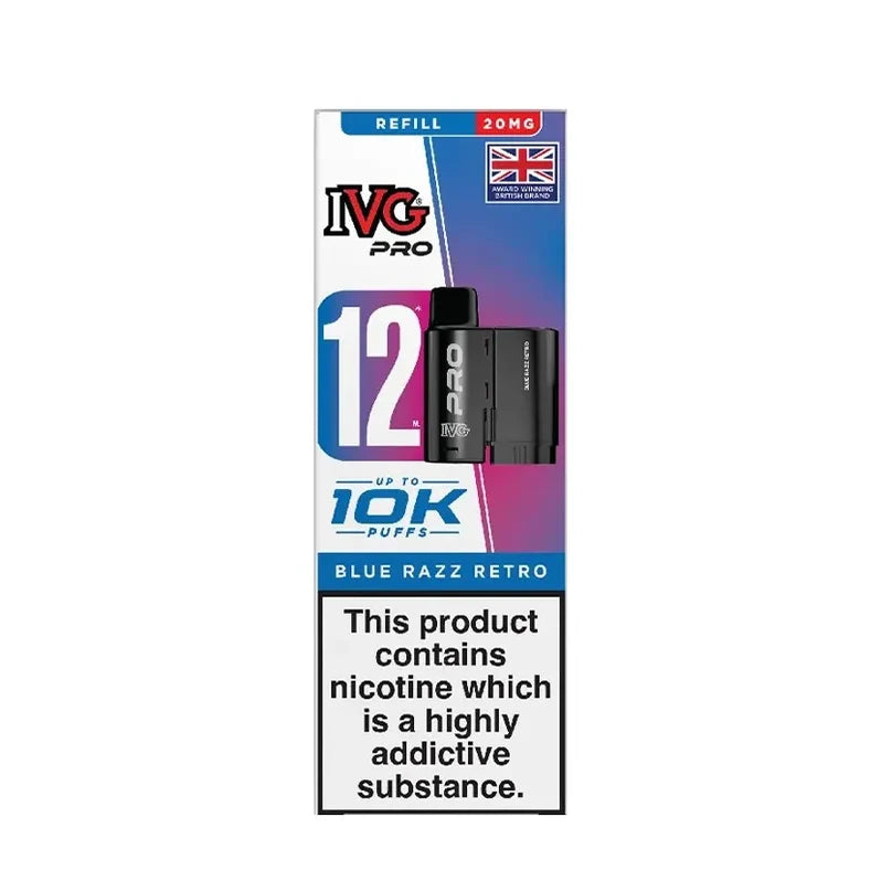 IVG Pro 12 prefilled vape pods in Blue Razz Retro flavor, offering a refreshing mint taste with a convenient disposable design