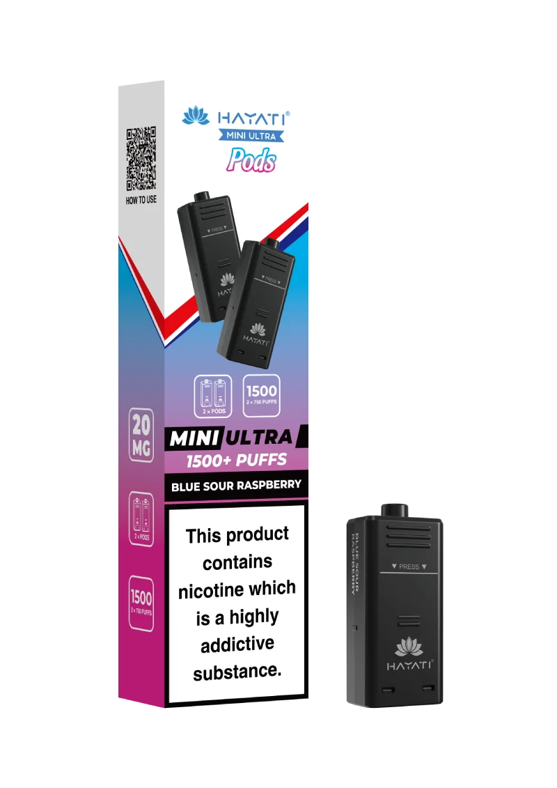 Hayati Mini Ultra 1500 Blue Sour Raspberry prefilled pods compatible with the Mini Ultra device, available in various flavours