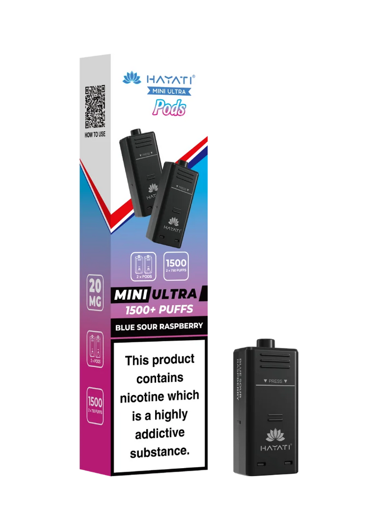 Hayati Mini Ultra 1500 Blue Sour Raspberry prefilled pods compatible with the Mini Ultra device, available in various flavours