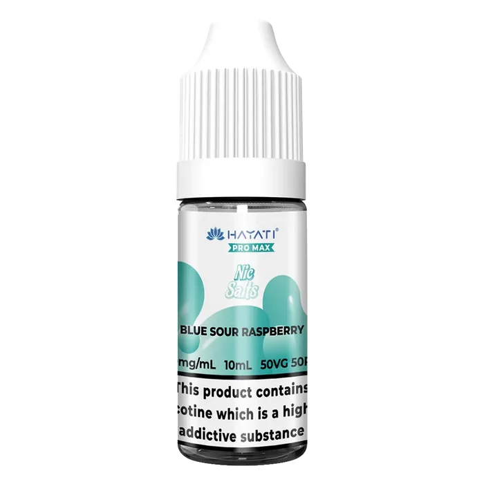 Hayati Pro Max Blue Sour Raspberry Nic Salt vape juice, featuring a tangy burst of sour blue raspberries for a bold fruity flavor, with smooth nicotine delivery and a refreshing vape experience.