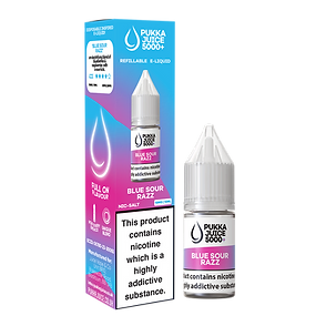 Packaging for Blue Sour Razz Pukka Juice 5000+ Nic Salt E-Liquid featuring a bottle illustration and flavor details.