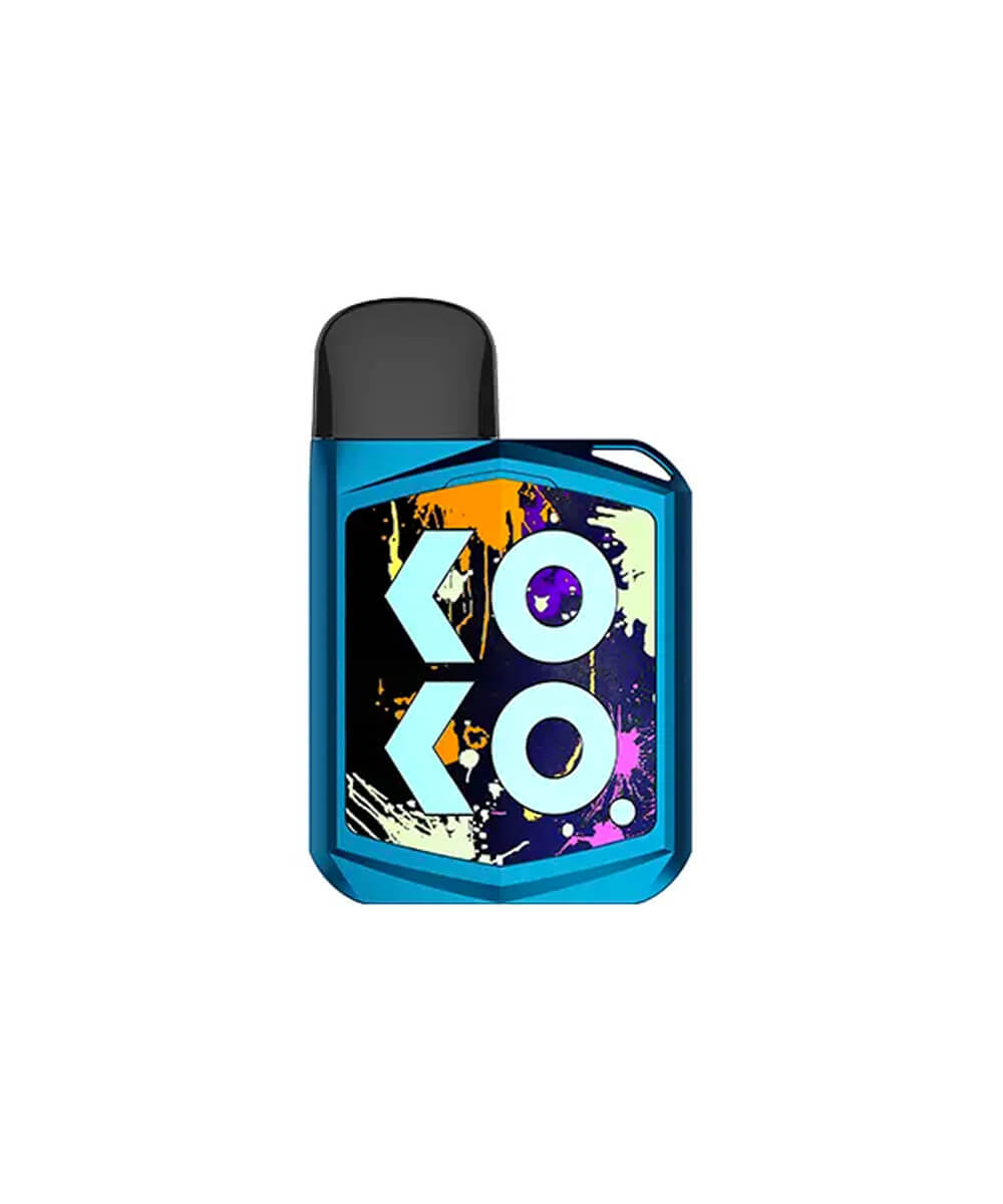 Uwell Caliburn Koko Prime Pod Kit in Blue – compact and durable pod vape with a swappable decorative panels, and Pro-FOCS coil technology for rich flavor delivery.