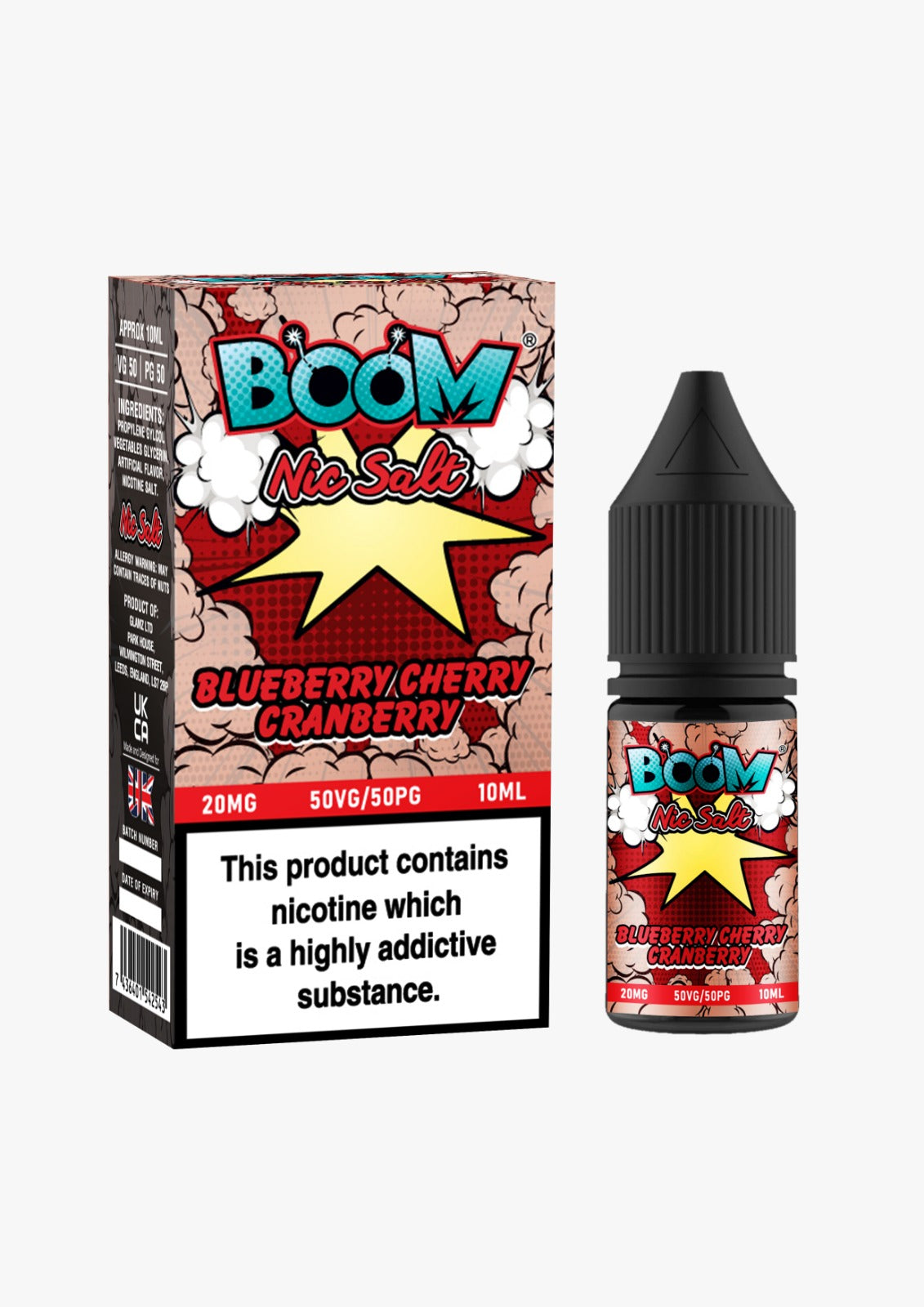 10ml bottle of Boom Nic Salt E-Liquid in Blue Cherry Cranberry flavor, 50/50 VG/PG ratio for balanced flavor and vapor, available in 10mg and 20mg nicotine salt strengths, perfect for pod kits.