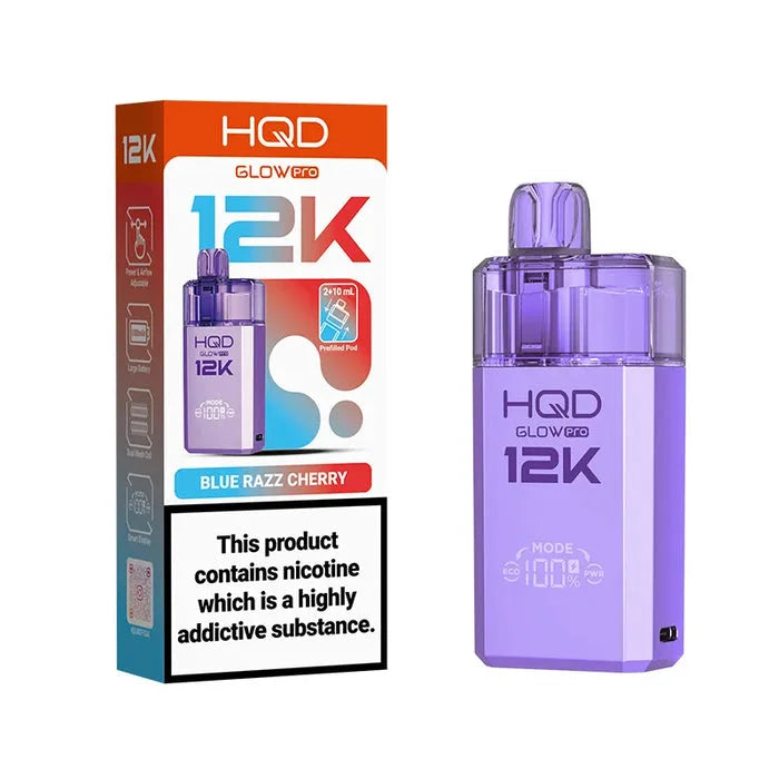 HQD Glow Pro 12K Blue Razz Cherry Prefilled Pod Kit offering up to 12000 puffs with smooth flavour