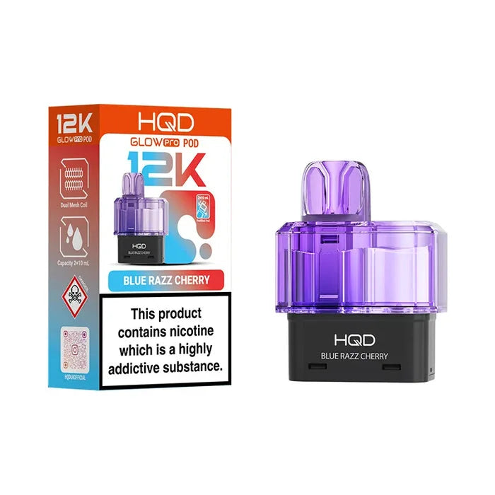 HQD Glow Pro 12K Blue Razz Cherry prefilled pods offering long-lasting flavour and smooth vaping