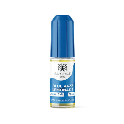 A product image showing a box and a bottle of Bar Juice 5000 Nic Salt E-Liquid, with the flavor Blue Razz Lemonade indicated on the packaging.