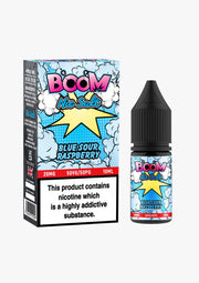 10ml bottle of Boom Nic Salt E-Liquid in Blue Sour Raspberry flavor, 50/50 VG/PG ratio for balanced flavor and vapor, available in 10mg and 20mg nicotine salt strengths, perfect for pod kits.