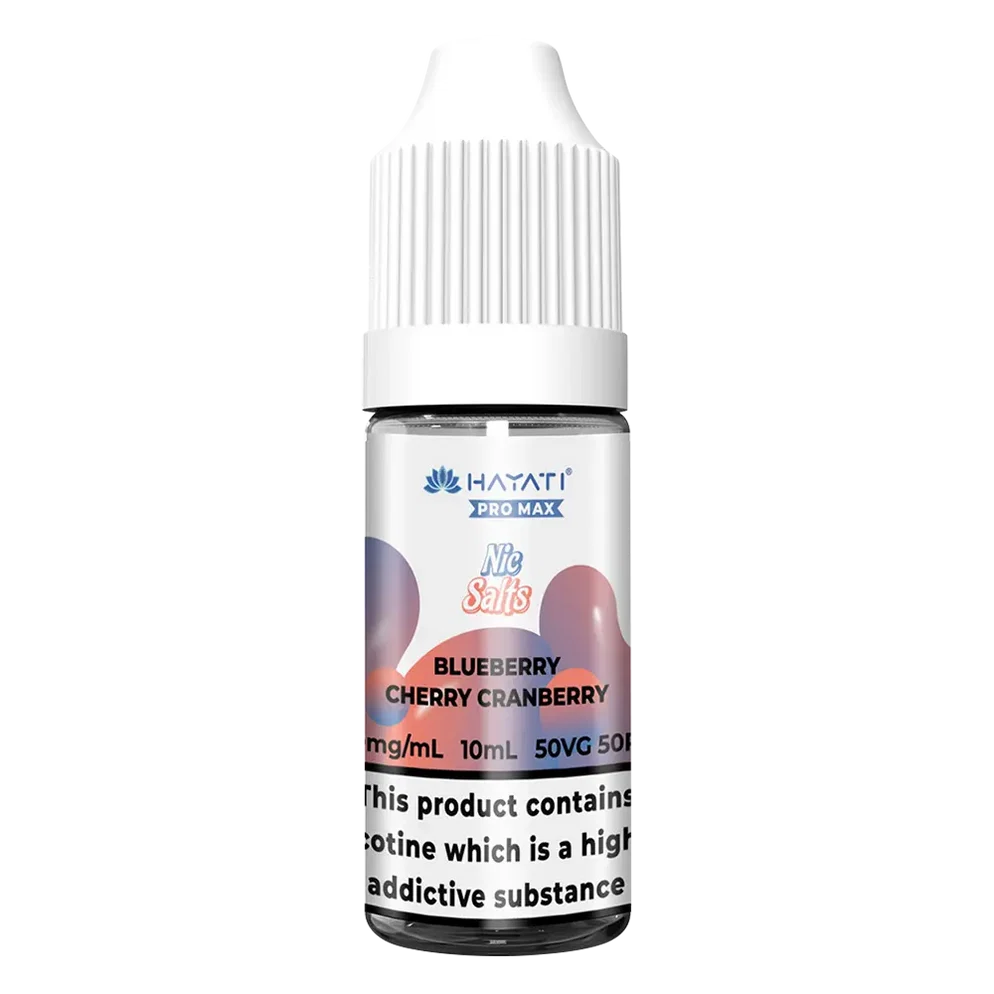 Hayati Pro Max Nic Salt Vape E-Liquid 10ml in Blueberry Cherry Cranberry Flavor, offering a smooth and satisfying vaping experience with convenient 10ml bottle packaging.