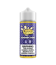 Bottle of Loaded E‑Liquid 120 ml labeled “Blueberry Donut” featuring rich purple-blue and golden-brown packaging with illustrations of glazed blueberry donuts and fresh blueberries, accompanied by flavor notes “Apple Fritter, Lemon Bar, Melon Milkshake” in stylized lettering—crafted for vape devices.