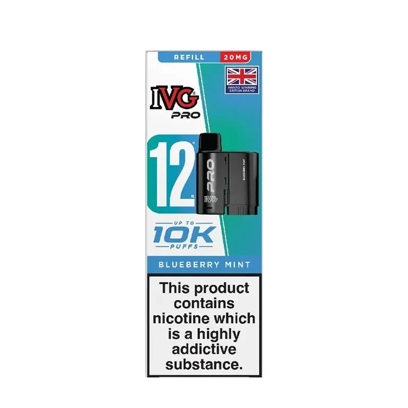 IVG Pro 12 prefilled vape pods in Blueberry Mint flavor, offering a refreshing mint taste with a convenient disposable design