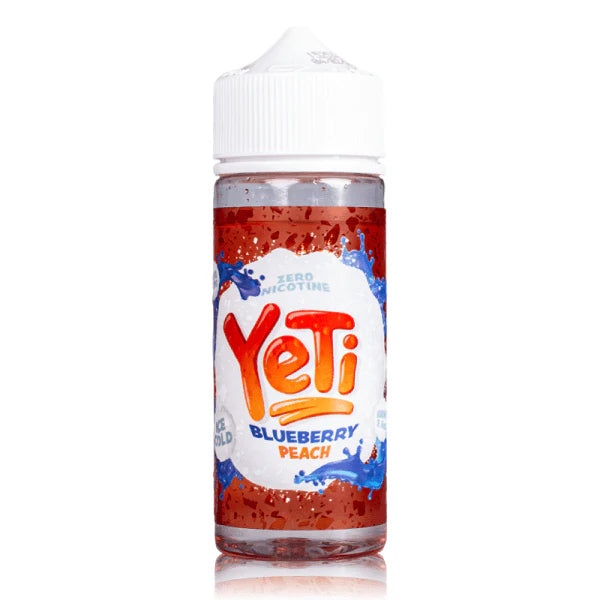 A 100ml bottle of YETI E-Liquid with Blueberry Peach flavor. The bottle is transparent, showcasing the e-liquid inside, and has a label with the YETI brand and flavor details.