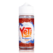 A 100ml bottle of YETI E-Liquid with Blueberry Peach flavor. The bottle is transparent, showcasing the e-liquid inside, and has a label with the YETI brand and flavor details.