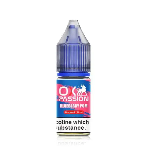 A 10ml bottle of OXVA Ox Passion Blueberry Pom E-Liquid with a nicotine strength of 10mg/20mg, featuring a blue and white label design.