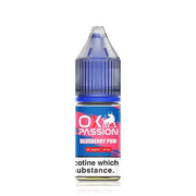 A 10ml bottle of OXVA Ox Passion Blueberry Pom E-Liquid with a nicotine strength of 10mg/20mg, featuring a blue and white label design.