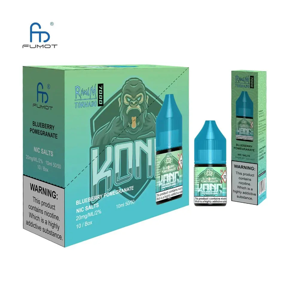 Product image showing a box and two bottles of Blueberry Pomegranate flavored Nic Salt E Liquid, with a nicotine content of 10mg and 20mg, by R&M. The packaging is predominantly green with an image of a monkey and text detailing the product specifications.